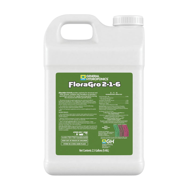 General Hydroponics FloraGro 2-1-6, Use With FloraMicro & FloraBloom, Provides Nutrients For Structural & Foliar Growth, Ideal For Hydroponics, 2.5-Gallon