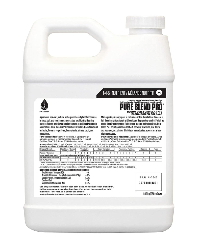 Botanicare Pure Blend Pro Bloom Soil Nutrient 1-4-5 Formula, 1-Quart