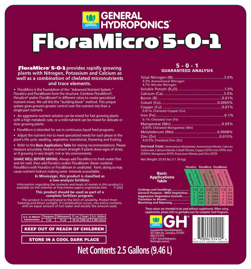 General Hydroponics FloraMicro 5-0-1, Use with FloraBloom & FloraGro for A Tailor-Made Nutrient Mix Ideal for Hydroponics, 2.5 Gallon
